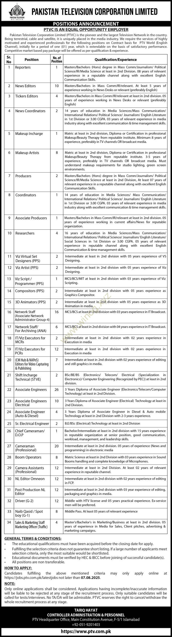 PTV Islamabad Jobs
